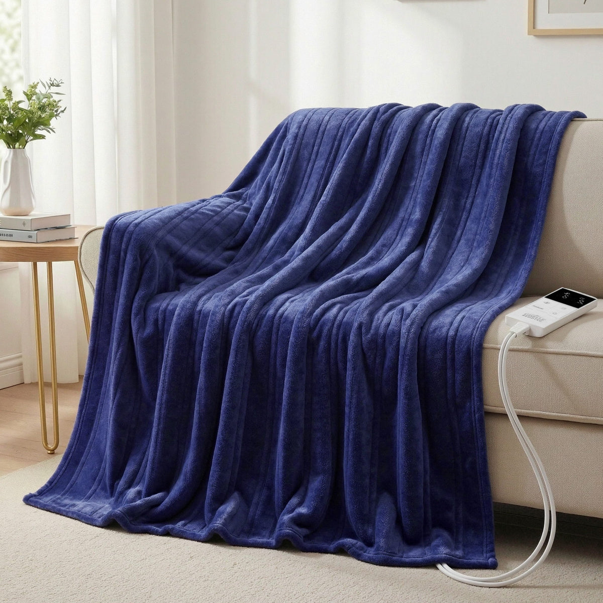 Giselle Electric Throw Rug Double Size 200x180cm Coral Fleece Heated Blanket Navy Blue