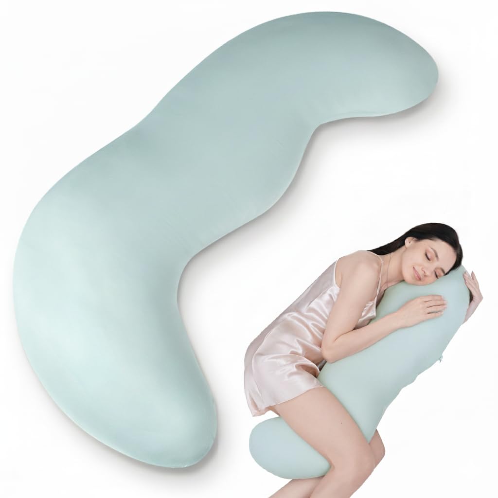 Pea Pod Shape Body Pillow for Adults – Full-Body Support Side Sleeper Pillow, Pregnancy & Back Pain Relief, Soft Hug Pillow with Memory Fiber Filling (Light Blue)