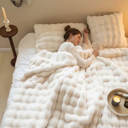 White Luxury Tuscany Fleece Rabbit Fur Bubble Blanket - Double-Sided Thickened Soft Plush Extra Large Bedding Set(200x230 CM Large Blanket + 2 Pack 45x45 CM Cushion Cover)